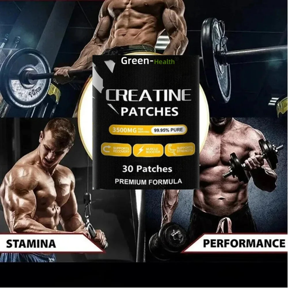 Green-Health Creatine Patches packaging with muscular individuals and gym equipment in the background