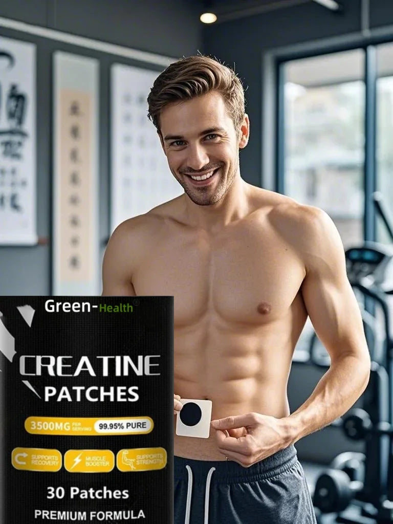 Man holding a box of Green-Health Creatine Patches in a gym setting