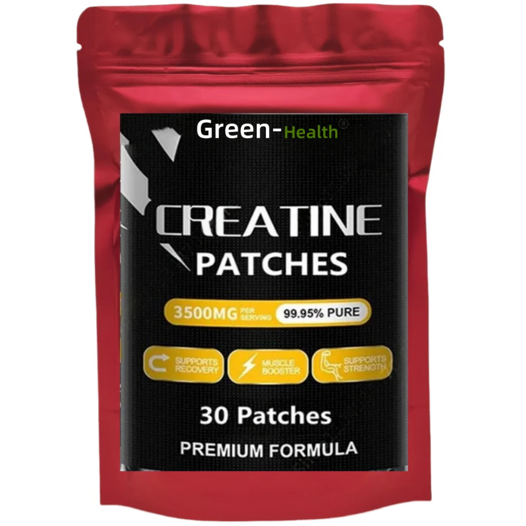 Red package of Green Health Creatine Patches with black label on a white background