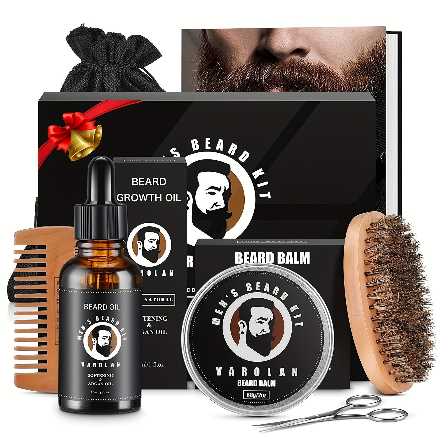 Men's beard care kit with beard oil, balm, brush, and scissors on a white background.