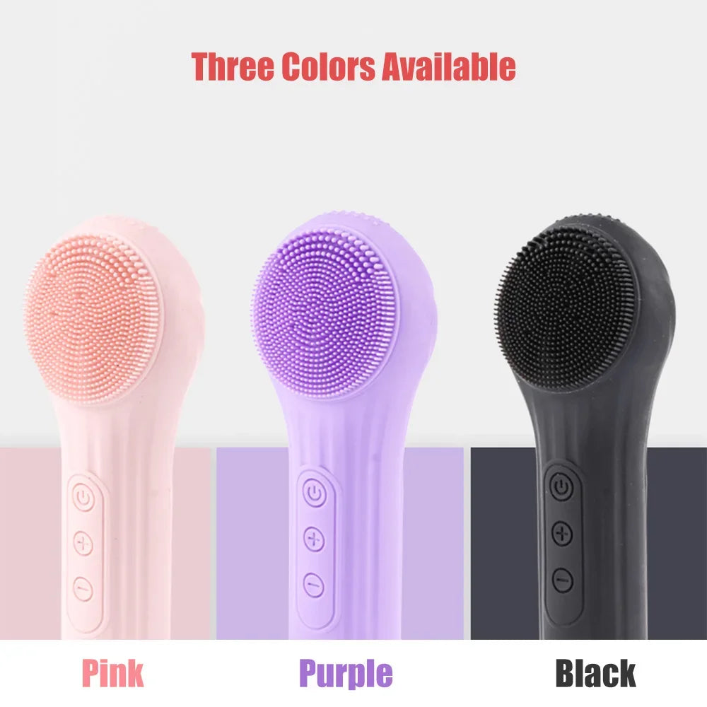 Three colorful cleaning brushes with color options labeled 'Pink', 'Purple', and 'Black' on a white background.