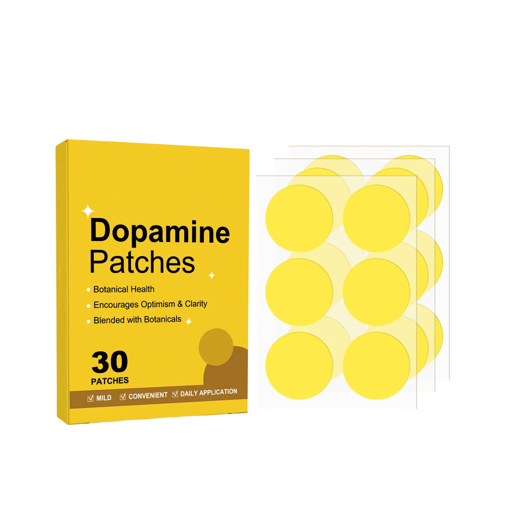 Yellow dopamine patches packaging with clear window showing patches on a white background