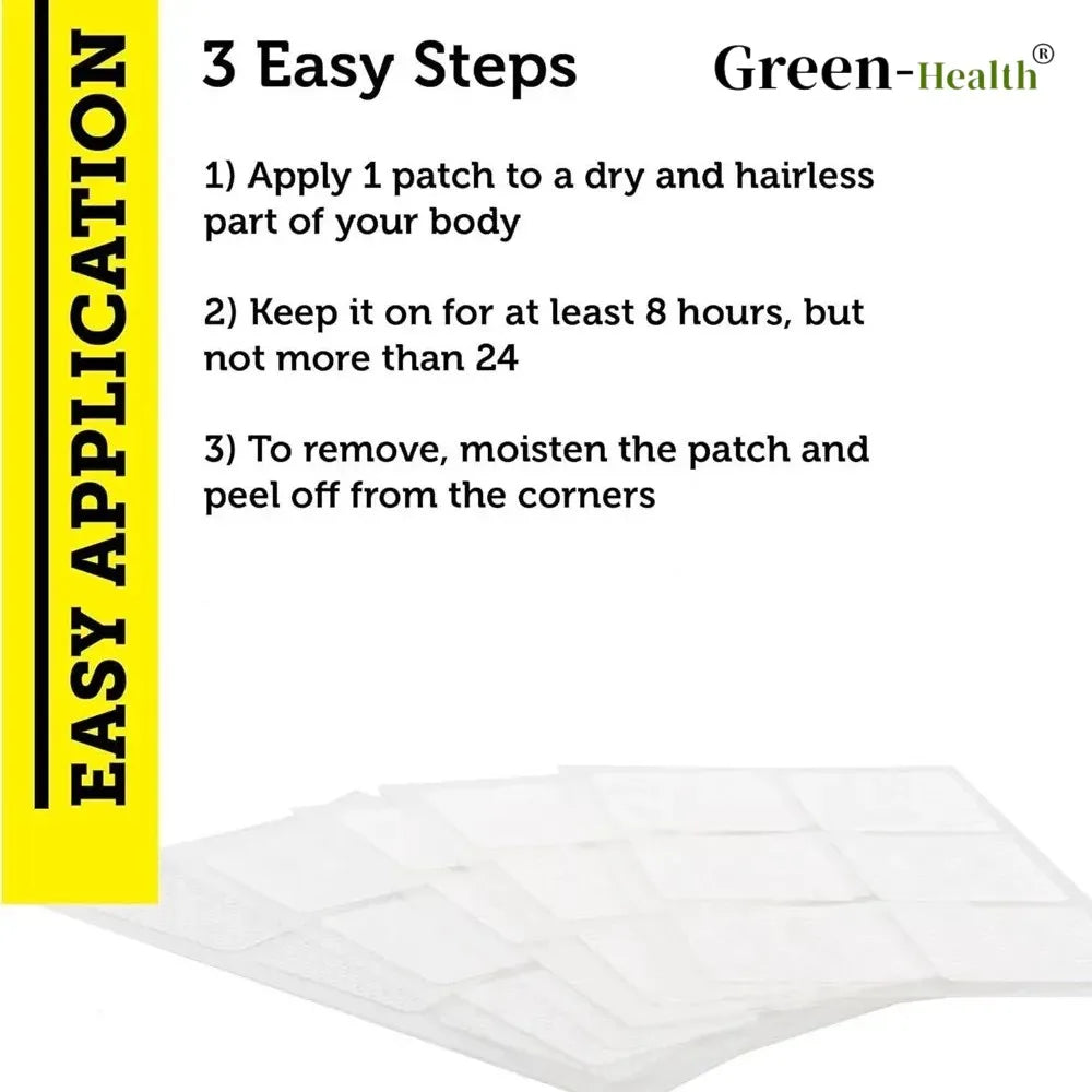 White adhesive patch with Green-Health branding and application instructions on a white background.